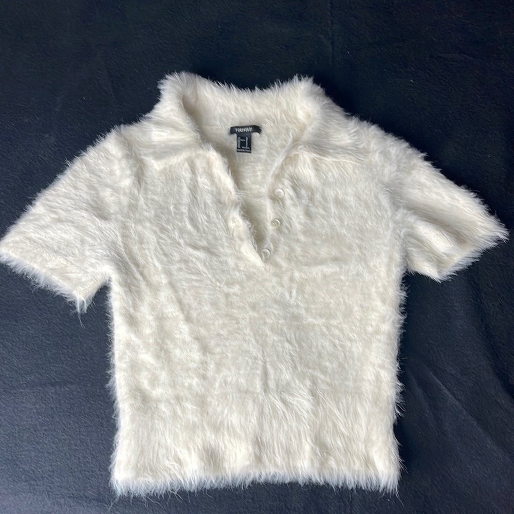 Pearl Furry Collared Crop Top with Buttons